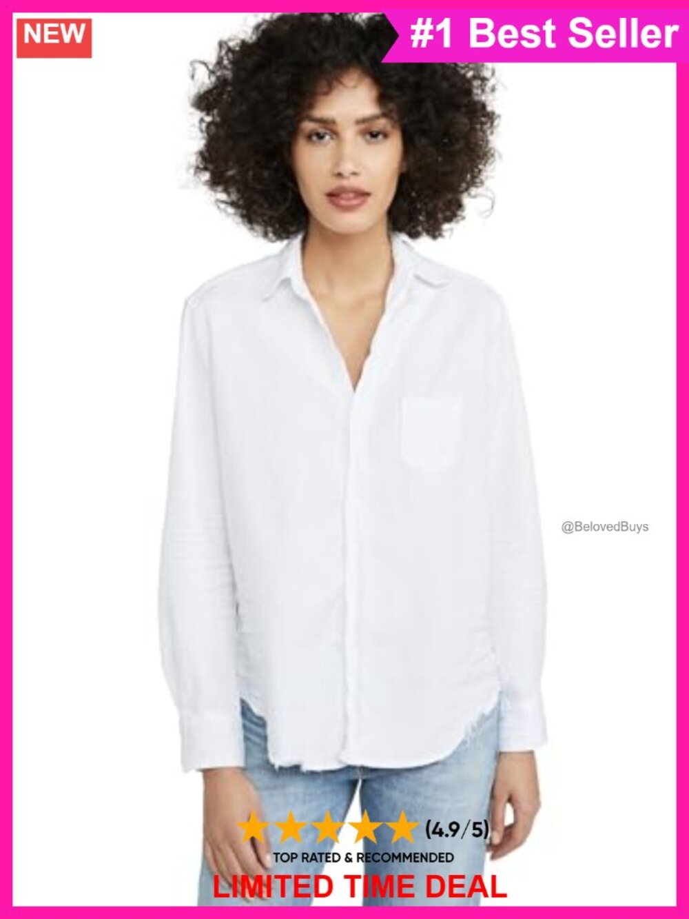 Lightweight Denim Button-Down Shirt Distressed Hem Casual